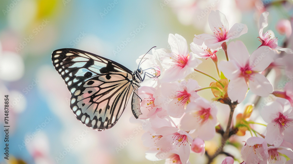 Butterfly and cherry blossom. Spring branches of blossoming cherry against background. AI Generative Butterfly and cherry blossom. Spring branches of blossoming cherry against background. AI Generative