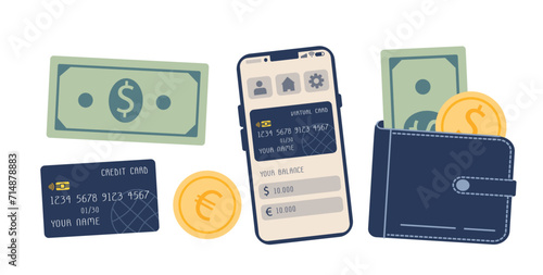 money set. finance set. bills and coins. credit card. Wallet with money. online bank