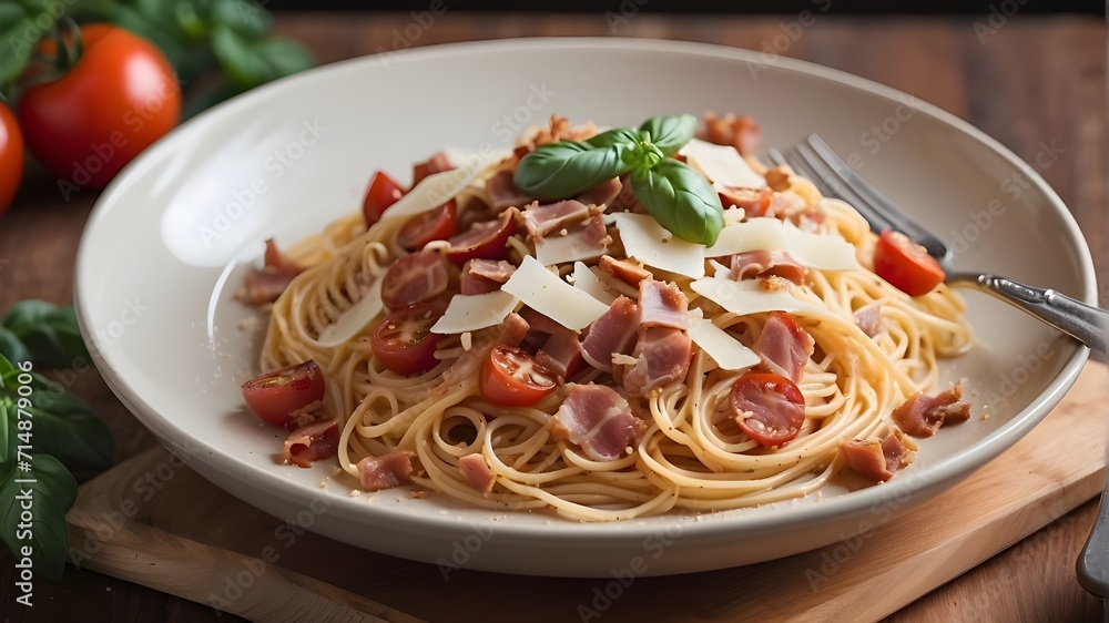 spaghetti with tomato sauce,Pancetta bacon, tomatoes, and pecorino cheese are added to spaghetti alla matriciana. spaghetti with tomato sauce,Pancetta bacon, tomatoes, and pecorino cheese are added to spaghetti alla matriciana.