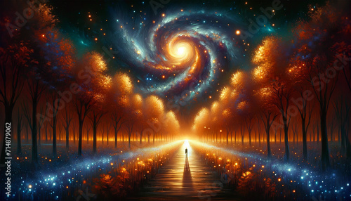 Surreal landscape with a person walking on a wooden path towards a vibrant galactic vortex in a forest under a starry sky. Spiritual concept. AI generated.