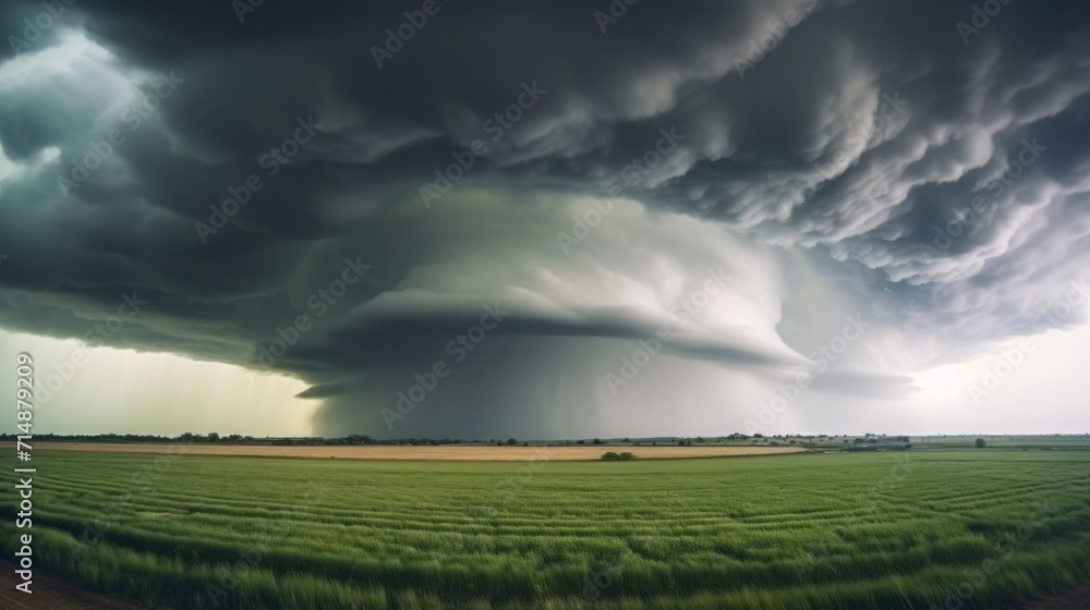 A menacing tempest with a shelf formation and torrential downpour of hail and rain looming upon a Kansas farm field. - obrazy, fototapety, plakaty 