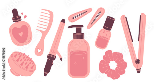 Hair care and styling products set on white background. Curler and hair straightener. Shampoo, comb, massage brush, hair pins, scrunchy, perfume