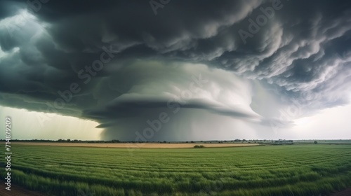 A menacing tempest with a shelf formation and torrential downpour of hail and rain looming upon a Kansas farm field. photo
