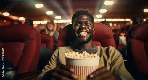 A man of African American descent is seated and snacking on popcorn while he watches a movie in a cinema.