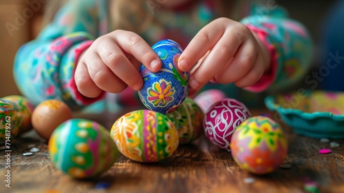 A close-up of a young child's hands painstakingly creating elaborate patterns out of bright Easter eggs