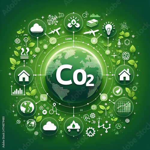 illustration about carbon emissions, green background, white clouds and green leaves