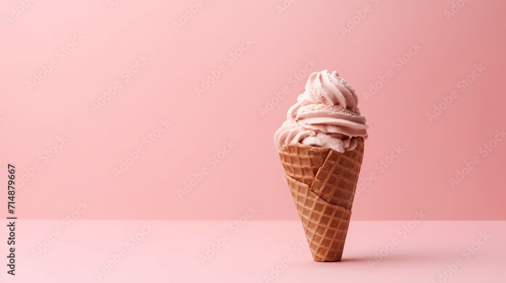 Soft chocolate ice cream in a waffle cone on pink background. Cold dessert without sugar or substitutes. Copy space
Soft chocolate ice cream in a waffle cone on pink background. Cold dessert without sugar or substitutes. Copy space
