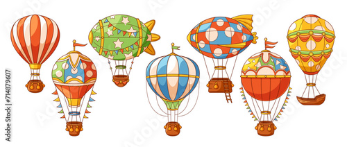 Hot Air Balloons Cartoon Vector Set. Colorful, Buoyant Aircraft Filled With Heated Air. Providing Aerial Experience