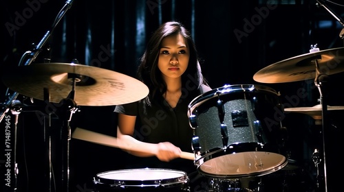 A drummer in black and white plays intently on a drum kit, her eyes full of determination and passion for music