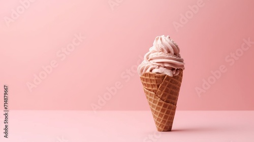 Soft chocolate ice cream in a waffle cone on  pink background. Cold dessert without sugar or substitutes. Copy space
 photo