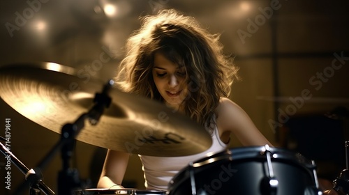 An intense-eyed drummer plays in the studio, lit by dramatic lighting that highlights her focus and strength in her playing.