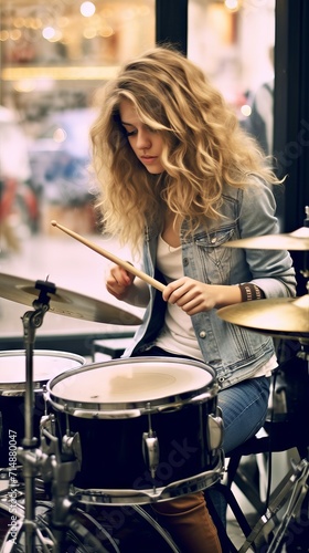 An enthusiastic drummer with curly hair plays energetically at a concert, focusing on the drum kit.