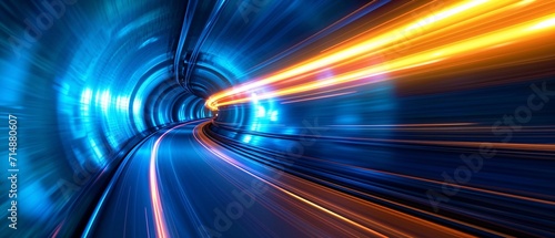 Fast-moving tunnel with blue lighting Generative AI photo