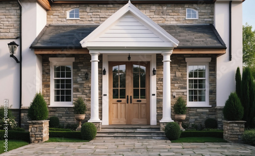 Main entrance door in house. Wooden front door with gabled porch and landing. Exterior of georgian style home cottage with white columns and stone cladding