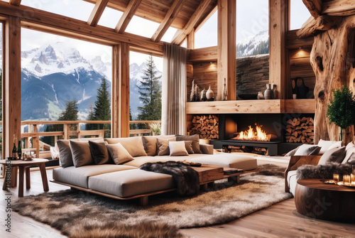 Luxury wooden chalet with fireplace. Interior design of modern living room with mountain view