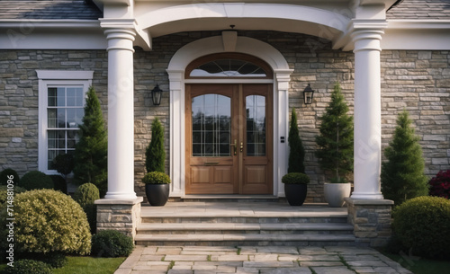 Main entrance door in house. Wooden front door with gabled porch and landing. Exterior of georgian style home cottage with white columns and stone cladding