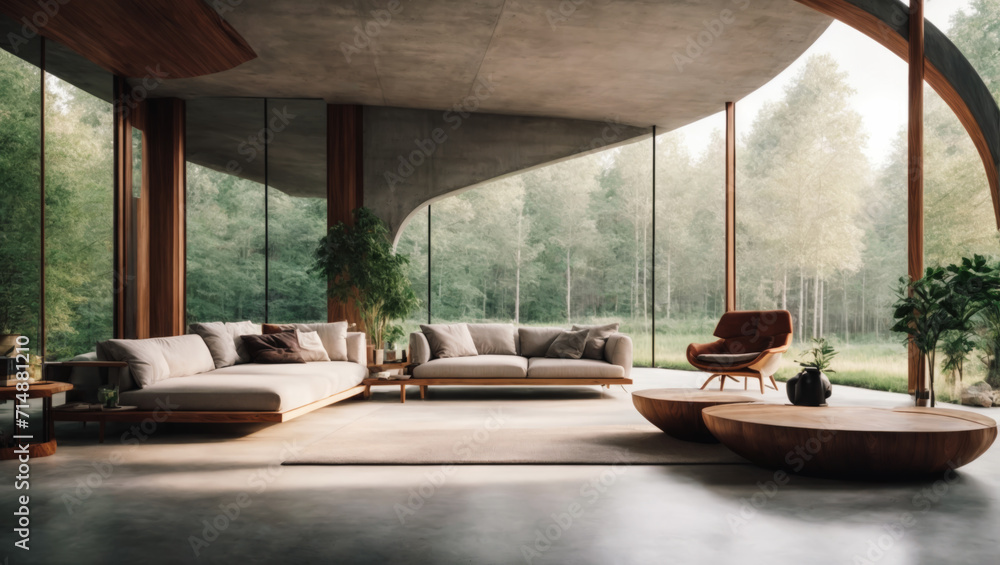 Minimalist and luxury interior home design, synthetic architecture building made from concrete and wood and glass, surrounded by a beautiful forest