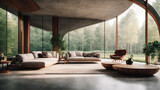 Minimalist and luxury interior home design, synthetic architecture building made from concrete and wood and glass, surrounded by a beautiful forest