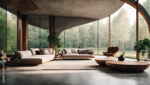 Minimalist and luxury interior home design, synthetic architecture building made from concrete and wood and glass, surrounded by a beautiful forest © Roman