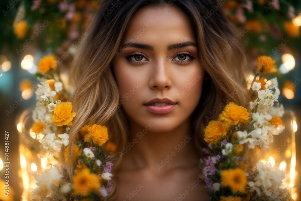 portrait of a woman is surrounded by an abundance of flowers. created with generative ai technology portrait of a woman is surrounded by an abundance of flowers. created with generative ai technology