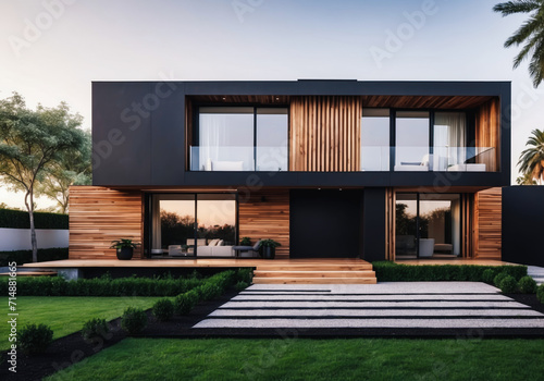 Modern luxury minimalist cubic house, villa with wooden cladding and black panel walls and landscaping design front yard. Residential architecture exterior © Roman