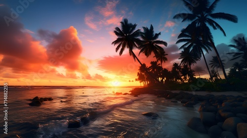 A beautiful sunset over the ocean with palm trees in the foreground © DeeArty