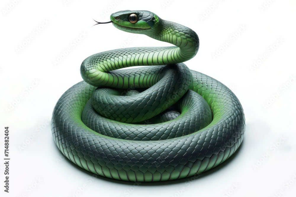 Fototapeta premium Green Water snake isolated on solid white background. ai generative