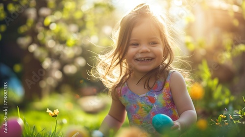 A small child happily searching a colorful garden for Easter eggs, her happy expression lit by the sun