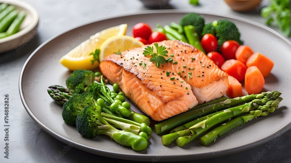 salmon steak with vegetables,Asparagus, broccoli, carrots, tomatoes, radish, green beans, and peas accompany roasted salmon steak. Fish dish served with raw vegetables salmon steak with vegetables,Asparagus, broccoli, carrots, tomatoes, radish, green beans, and peas accompany roasted salmon steak. Fish dish served with raw vegetables