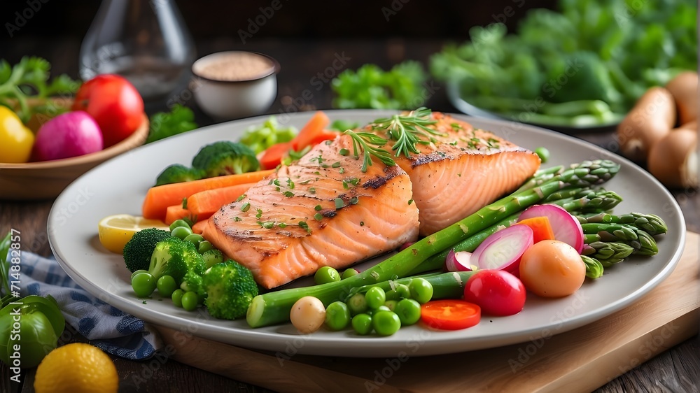 grilled salmon with vegetables,Asparagus, broccoli, carrots, tomatoes, radish, green beans, and peas accompany roasted salmon steak. Fish dish served with raw vegetables