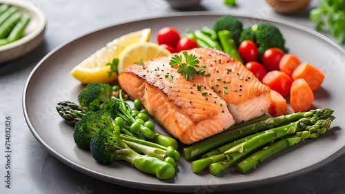 salmon steak with vegetables,Asparagus, broccoli, carrots, tomatoes, radish, green beans, and peas accompany roasted salmon steak. Fish dish served with raw vegetables