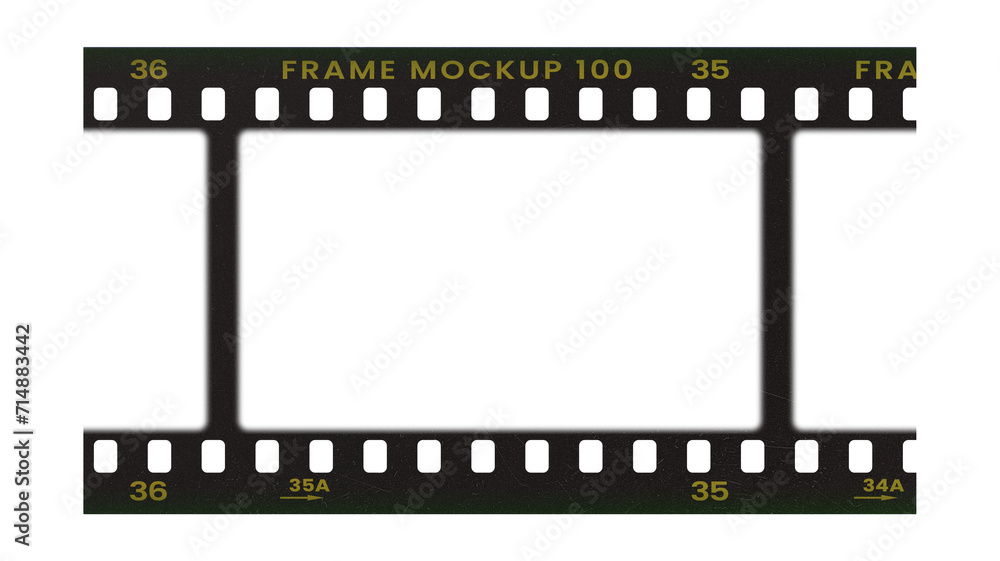 Camera transparent film strip mockup, isolated on white background template frame, real high-res 35mm photo scan analogue sheet negative