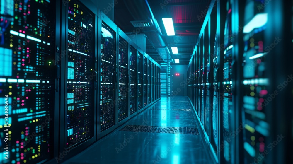 Modern Data Technology Center Server Racks in Dark Room with VFX. Visualization Concept of Internet of Things, Data Flow, Digitalization of Internet Traffic. 0-9-