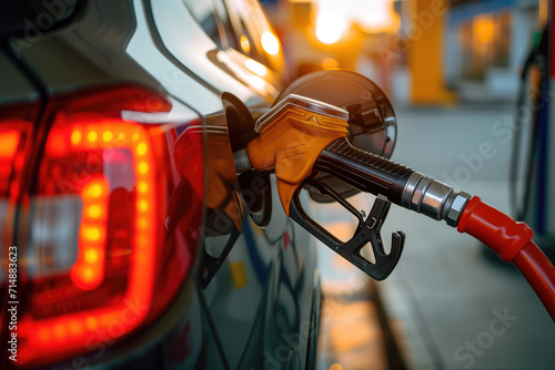 Petrol pump filling fuel nozzle in gas station