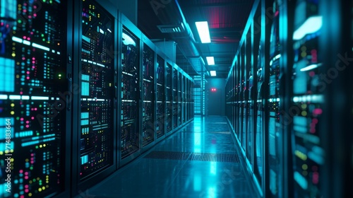 Modern Data Technology Center Server Racks in Dark Room with VFX. Visualization Concept of Internet of Things  Data Flow  Digitalization of Internet Traffic. 0-9-