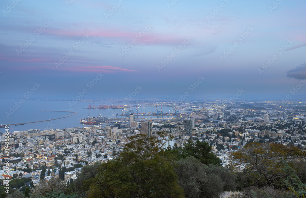 view from Mount Carmel to the evening Haifa Bay