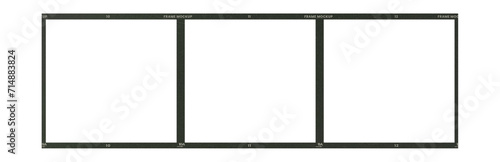 Camera transparent film strip mockup, isolated on white background template frame, real high-res 35mm photo scan analogue sheet negative