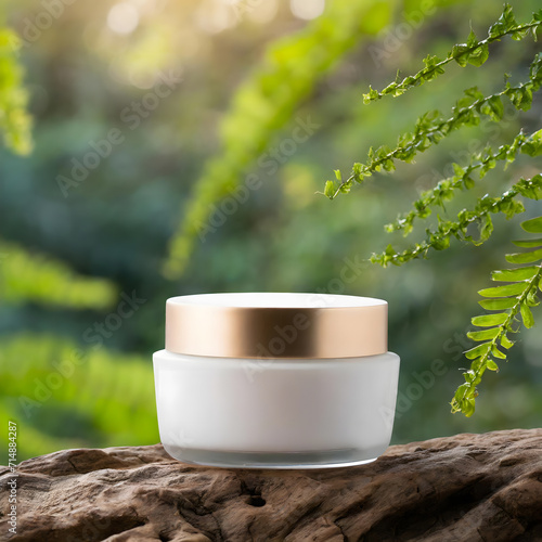 Front view of cosmetic cream jar product display mockup on nature