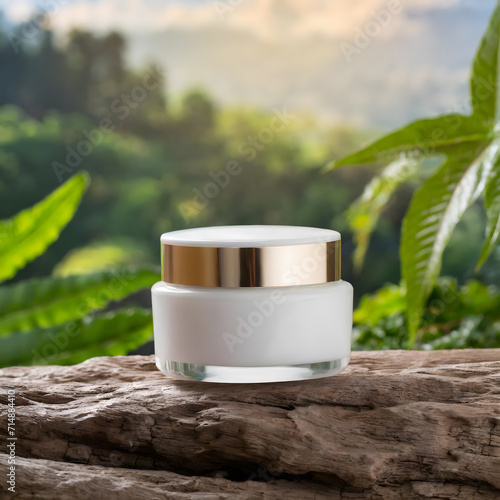 Front view of cosmetic cream jar product display mockup on nature