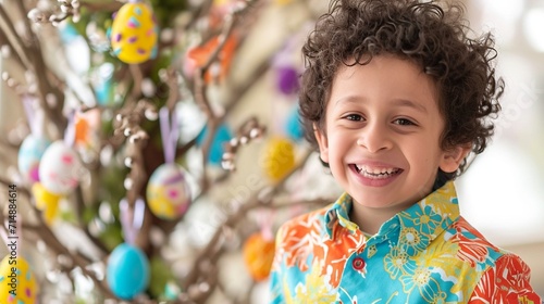 A young boy wearing a colorful Easter-themed outfit, posing with a big smile next to a beautifully decorated Easter tree