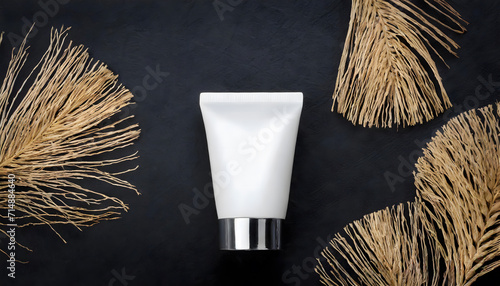 Blank cream bottle mockup on black background