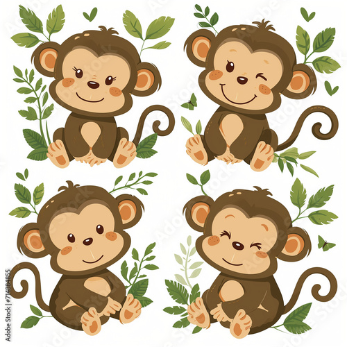 Clipart set of 4 simple abstract happy monkeys by Generative AI