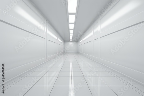 A stark white hallway lined with parallel fluorescent lamps creates a sense of symmetry and order, resembling the clean, sleek design of a subway station