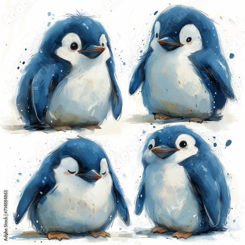 Clipart set of 4 simple abstract happy penguins by Generative AI