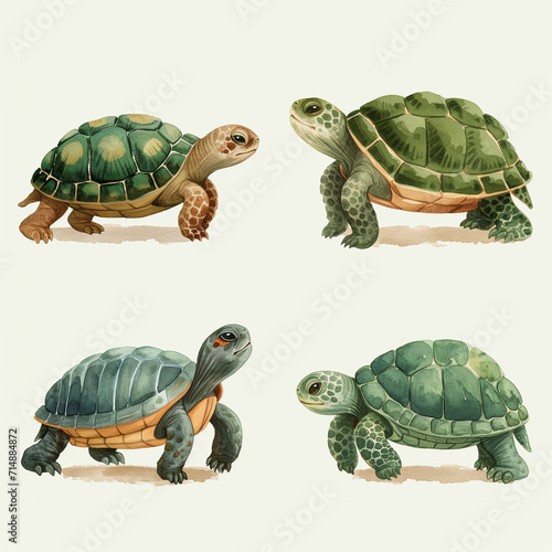 Clipart set of 4 simple abstract happy turtles by Generative AI