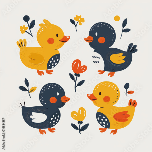 Clipart set of 4 simple abstract happy ducks by Generative AI