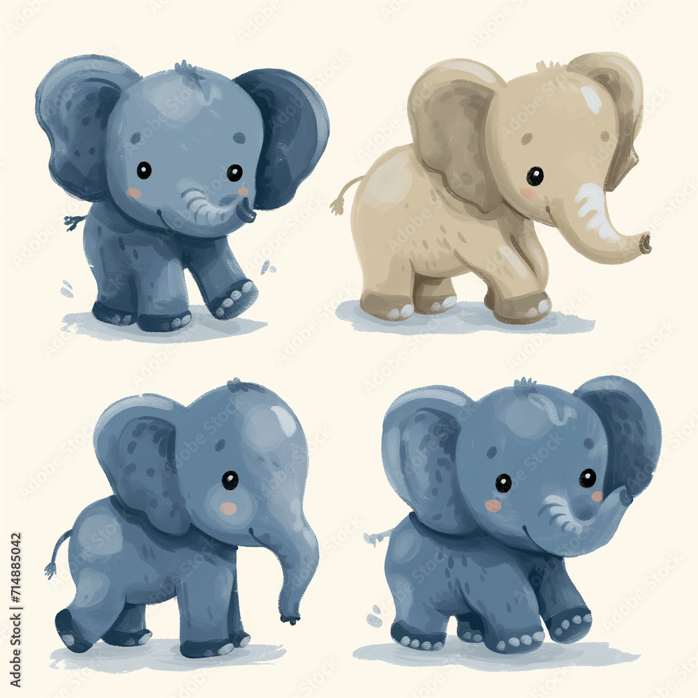 Obraz premium Clipart set of 4 simple abstract happy baby elephants by Generative AI