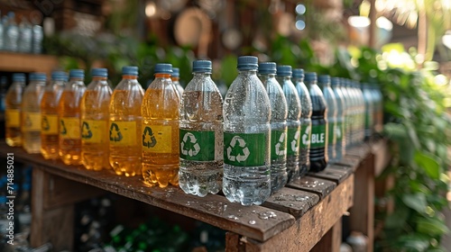 bottles with drinks and labels and symbols about the possibility of recycling. Concept: environmental responsibility and recycling 
