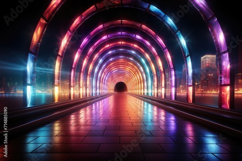 A vibrant subway tunnel illuminated by an array of colorful lights, beckoning travelers to journey through the bustling infrastructure and into the night