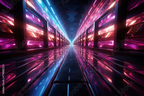 A vibrant and mysterious journey awaits as the neon purple lights guide you down the long magenta corridor on a dark night, illuminating the way with their mesmerizing glow
